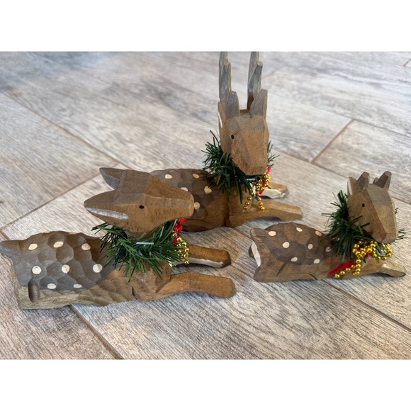 3 pc Wood Deer Family Buck Doe Fawn Wooden Figures...